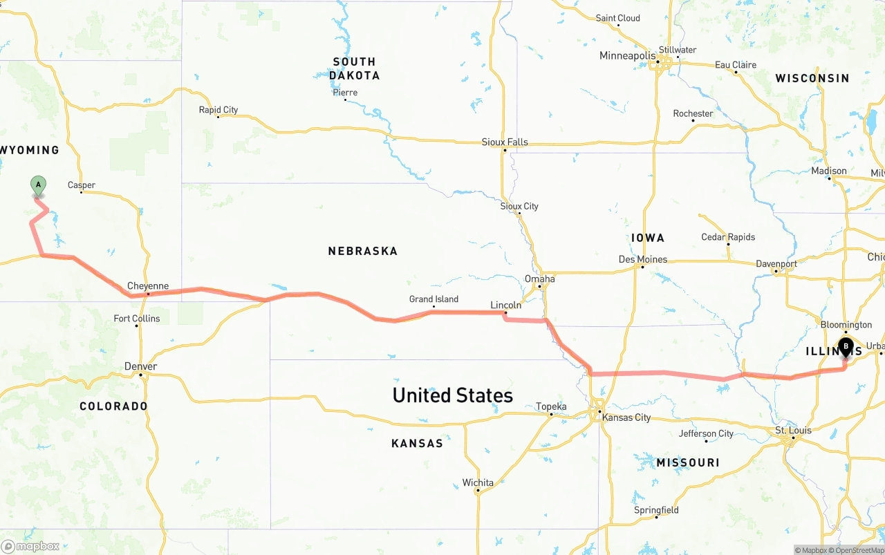 Shipping route from Wyoming to Illinois