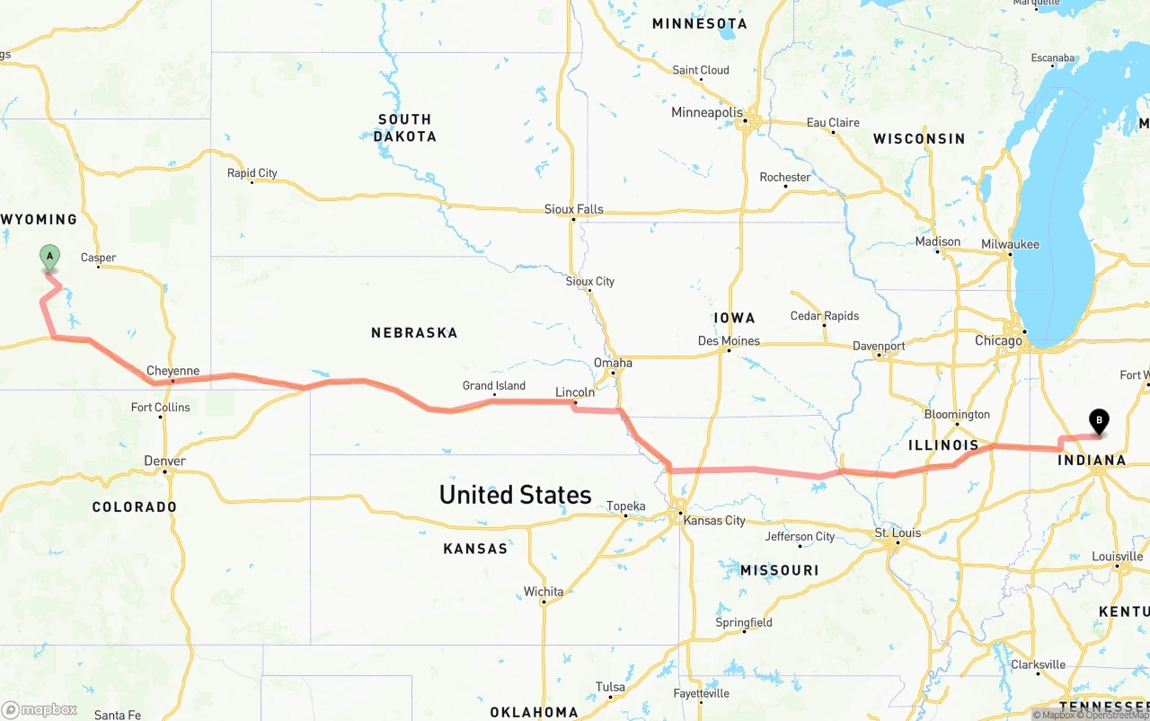 Shipping route from Wyoming to Indiana