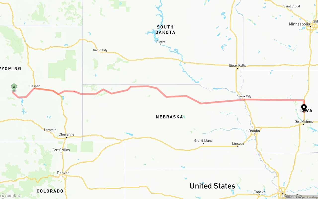 Shipping route from Wyoming to Iowa