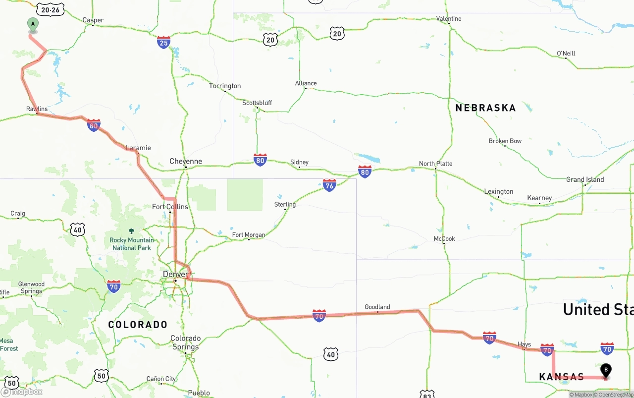 Shipping route from Wyoming to Kansas