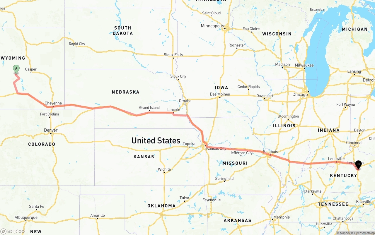 Shipping route from Wyoming to Kentucky