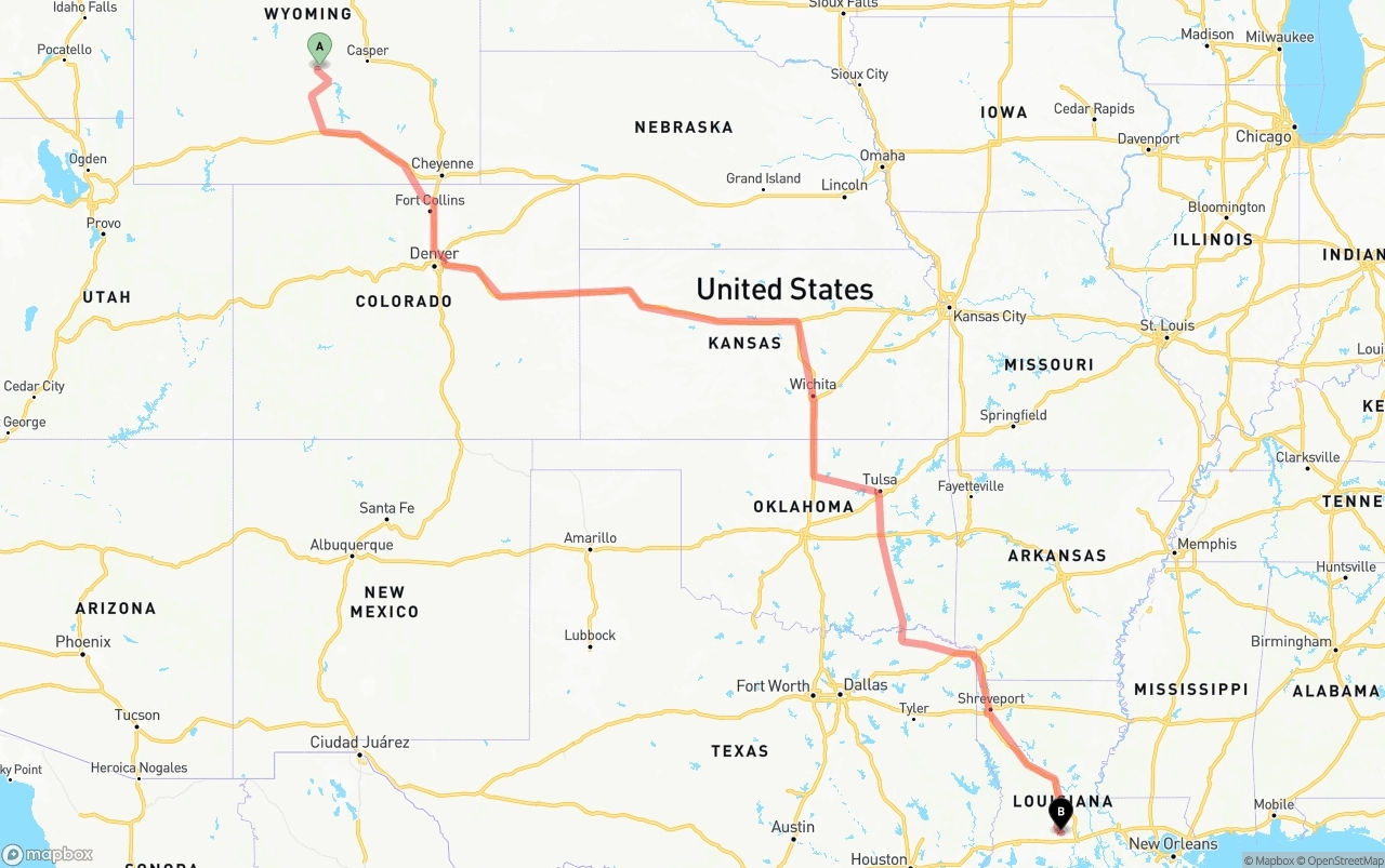 Shipping route from Wyoming to Louisiana