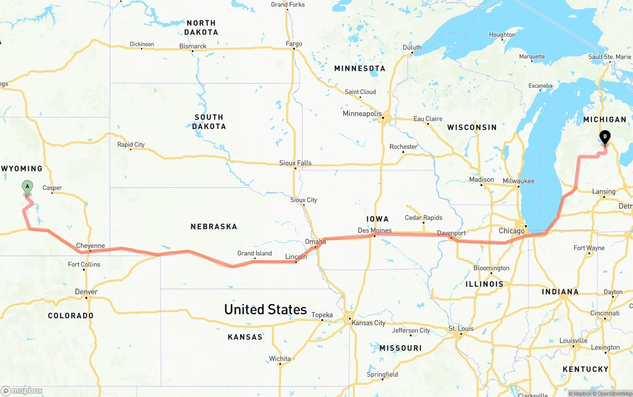 Shipping route from Wyoming to Michigan