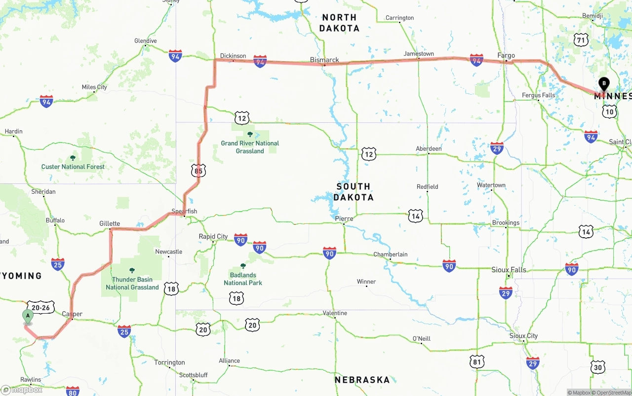 Shipping route from Wyoming to Minnesota