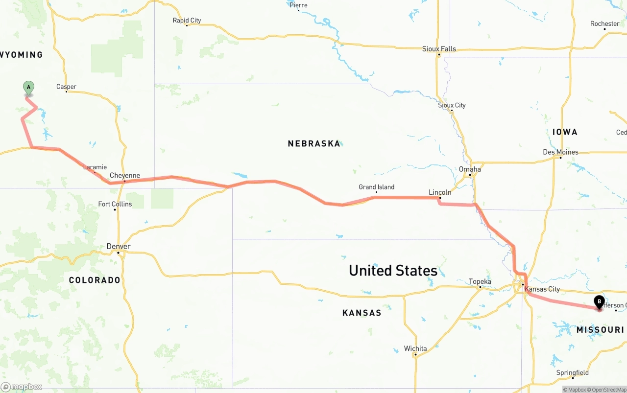 Shipping route from Wyoming to Missouri