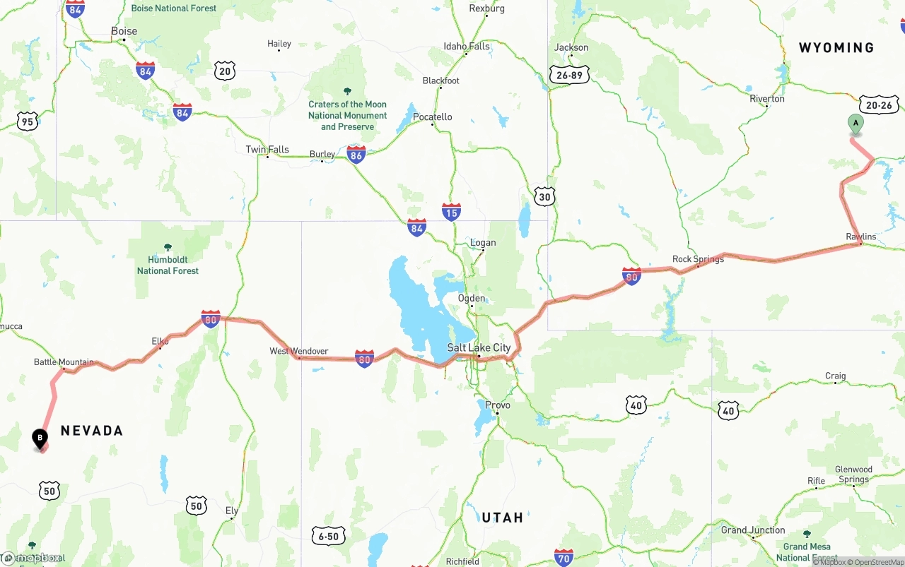 Shipping route from Wyoming to Nevada