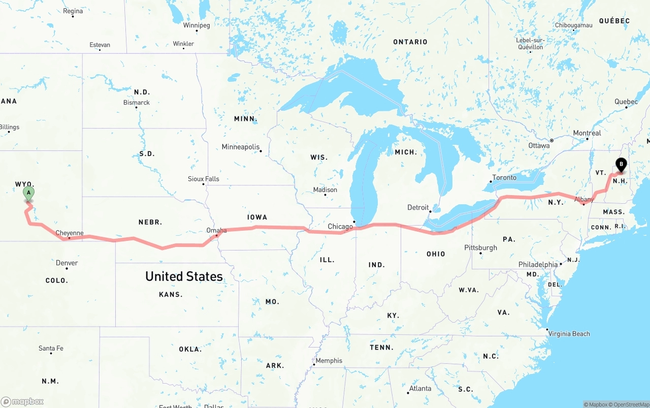 Shipping route from Wyoming to New Hampshire