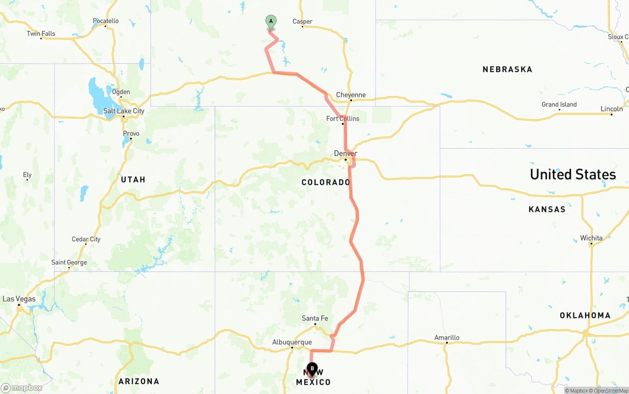 Shipping route from Wyoming to New Mexico