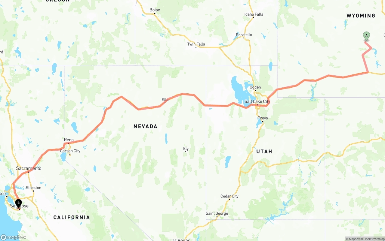 Shipping route from Wyoming to Norman Y. Mineta San Jose International Airport