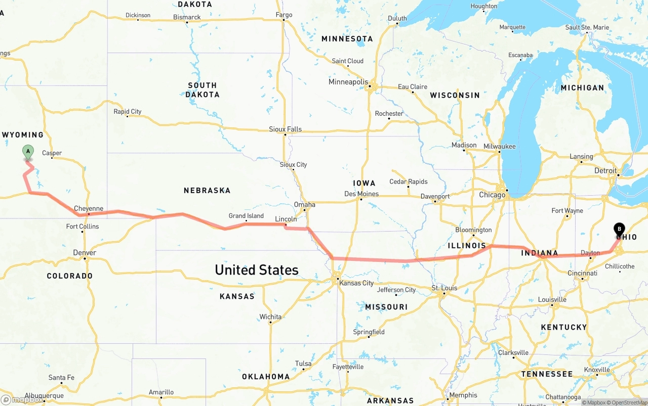 Shipping route from Wyoming to Ohio