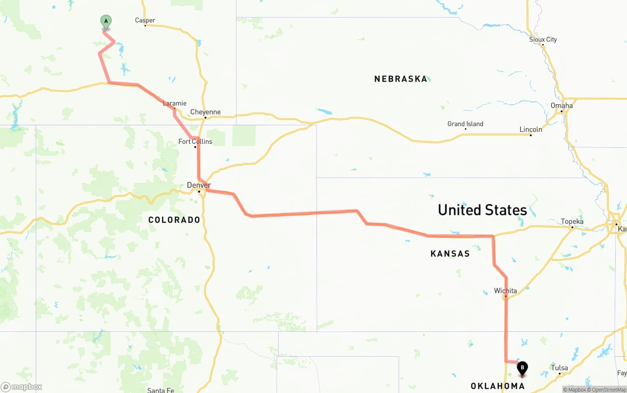 Shipping route from Wyoming to Oklahoma
