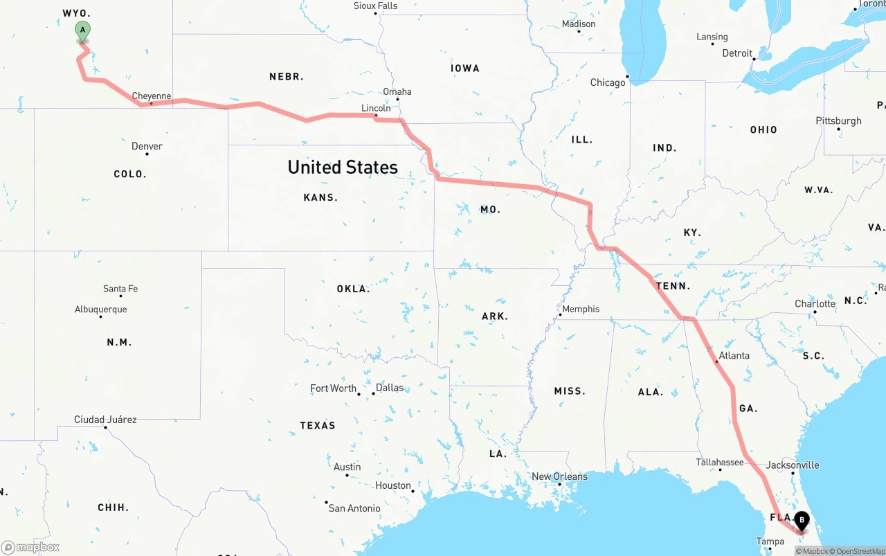 Shipping route from Wyoming to Orlando International Airport