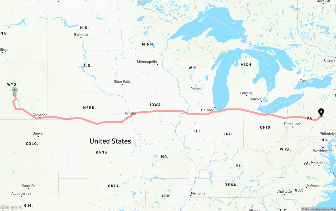 Shipping route from Wyoming to Pennsylvania
