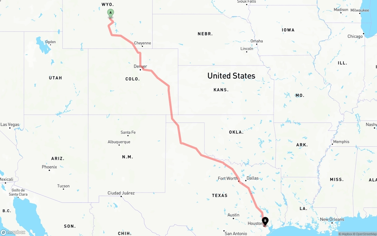 Shipping route from Wyoming to Port of Houston