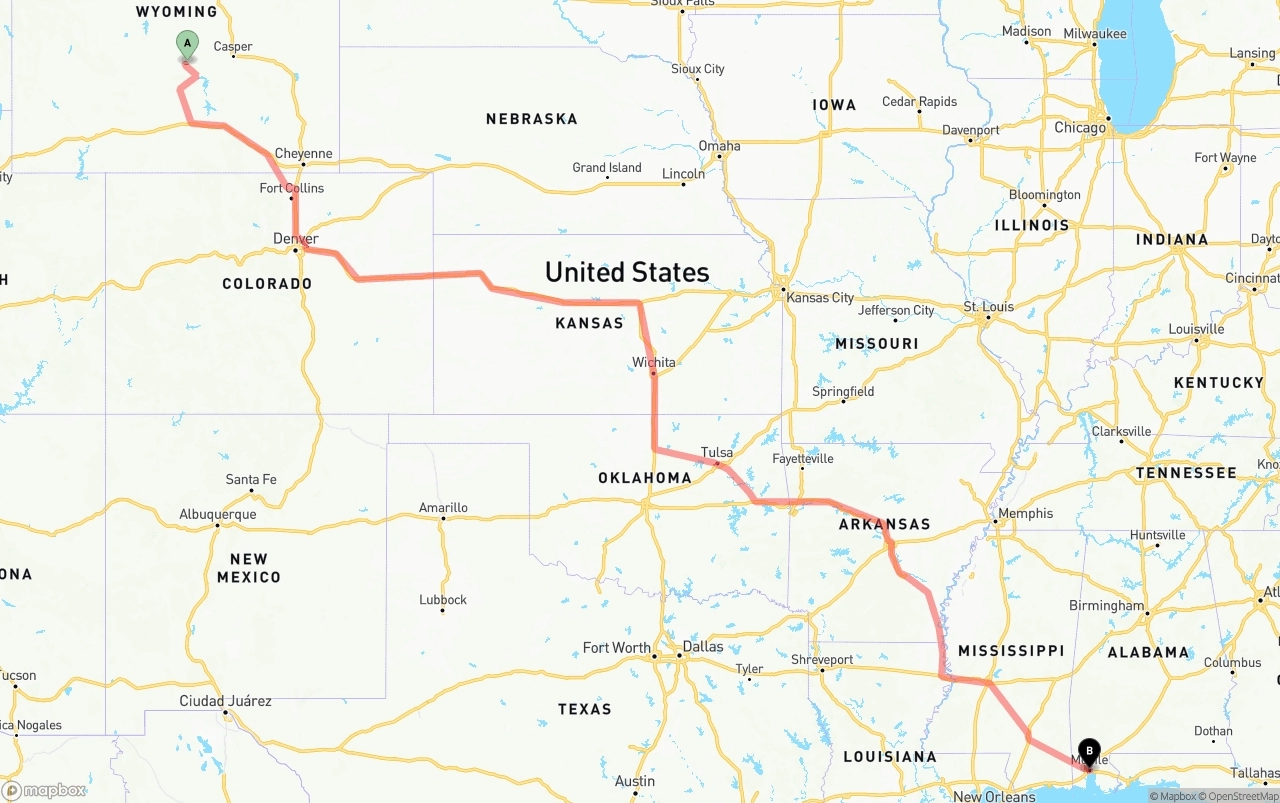 Shipping route from Wyoming to Port of Mobile