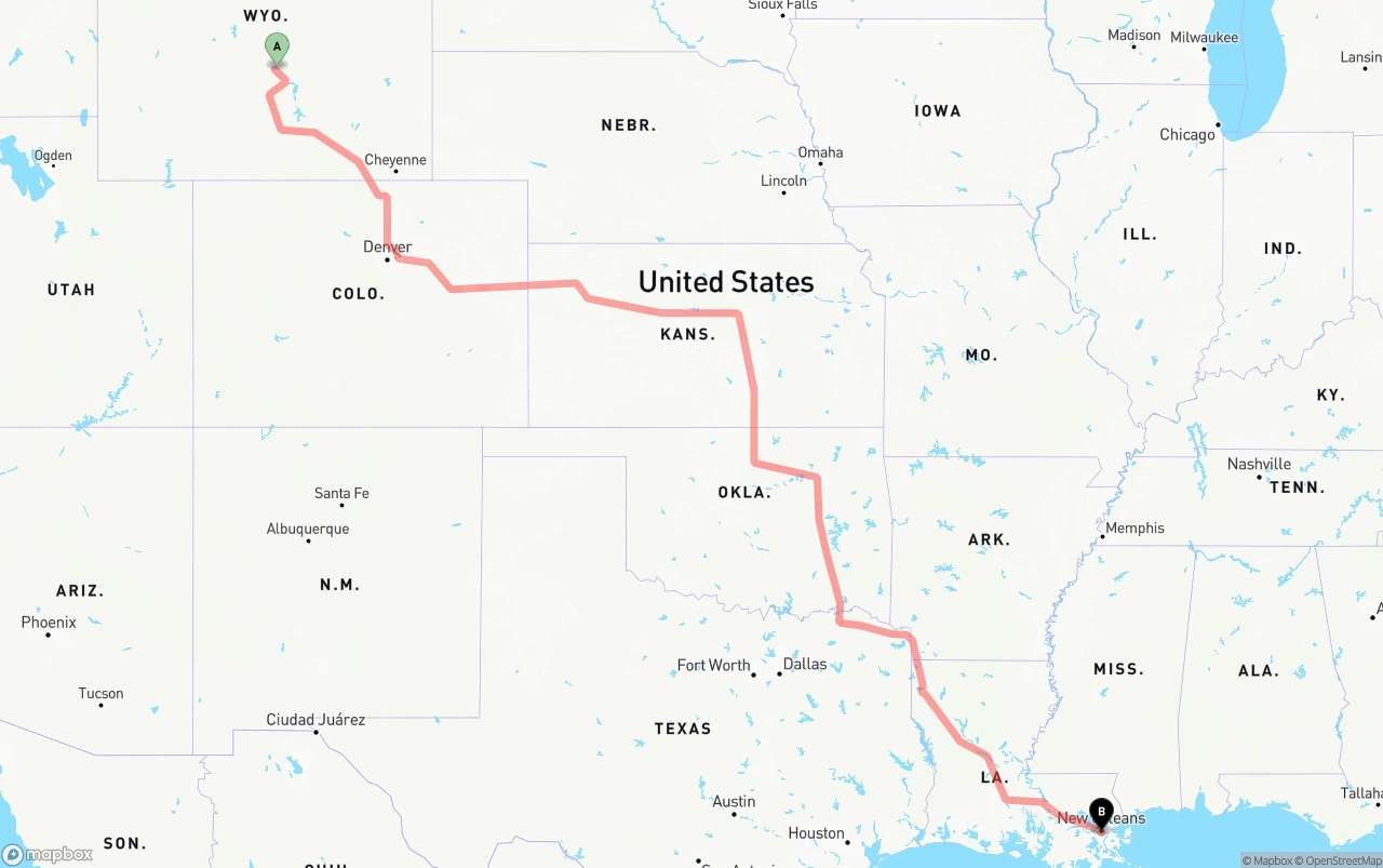 Shipping route from Wyoming to Port of New Orleans