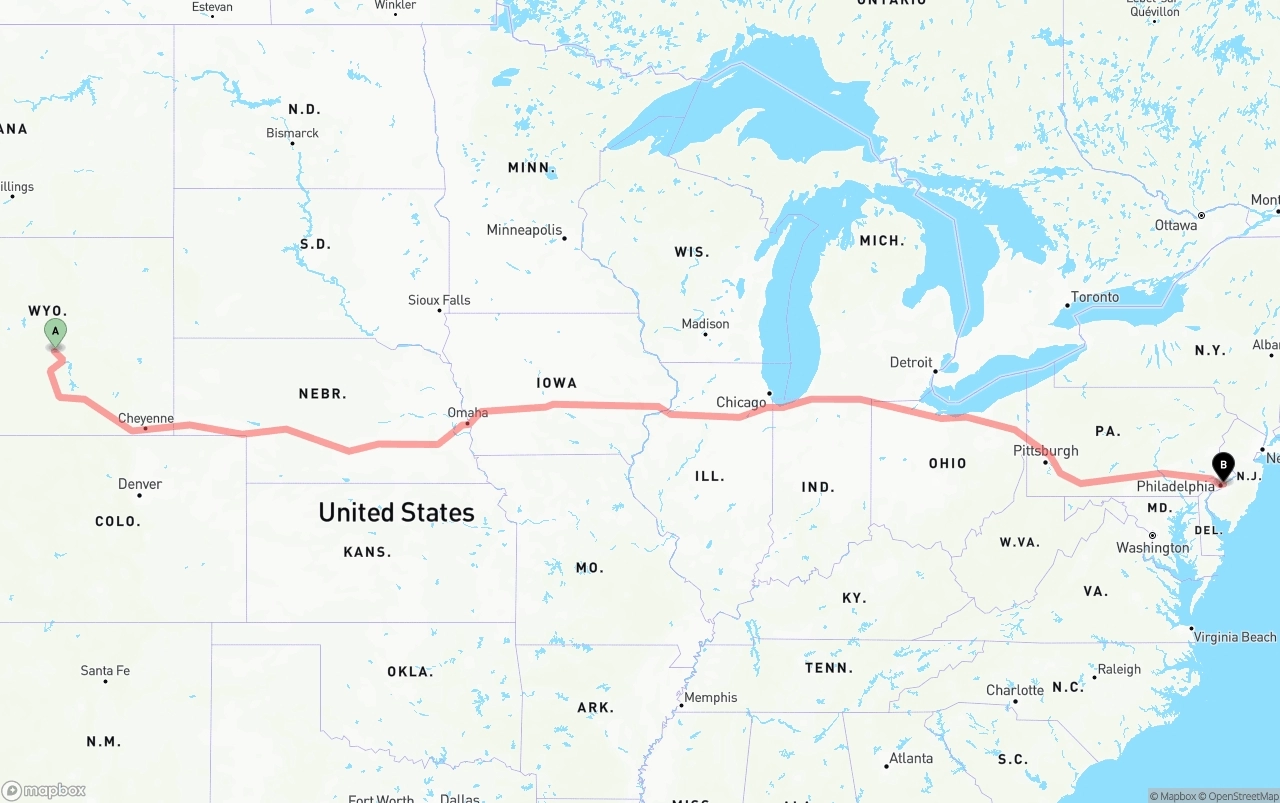 Shipping route from Wyoming to Port of Philadelphia