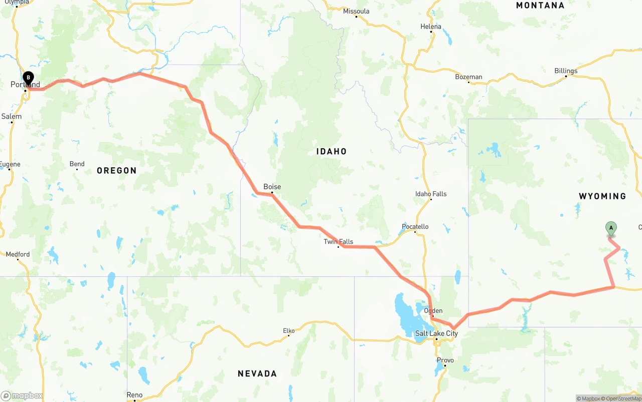 Shipping route from Wyoming to Portland International Airport