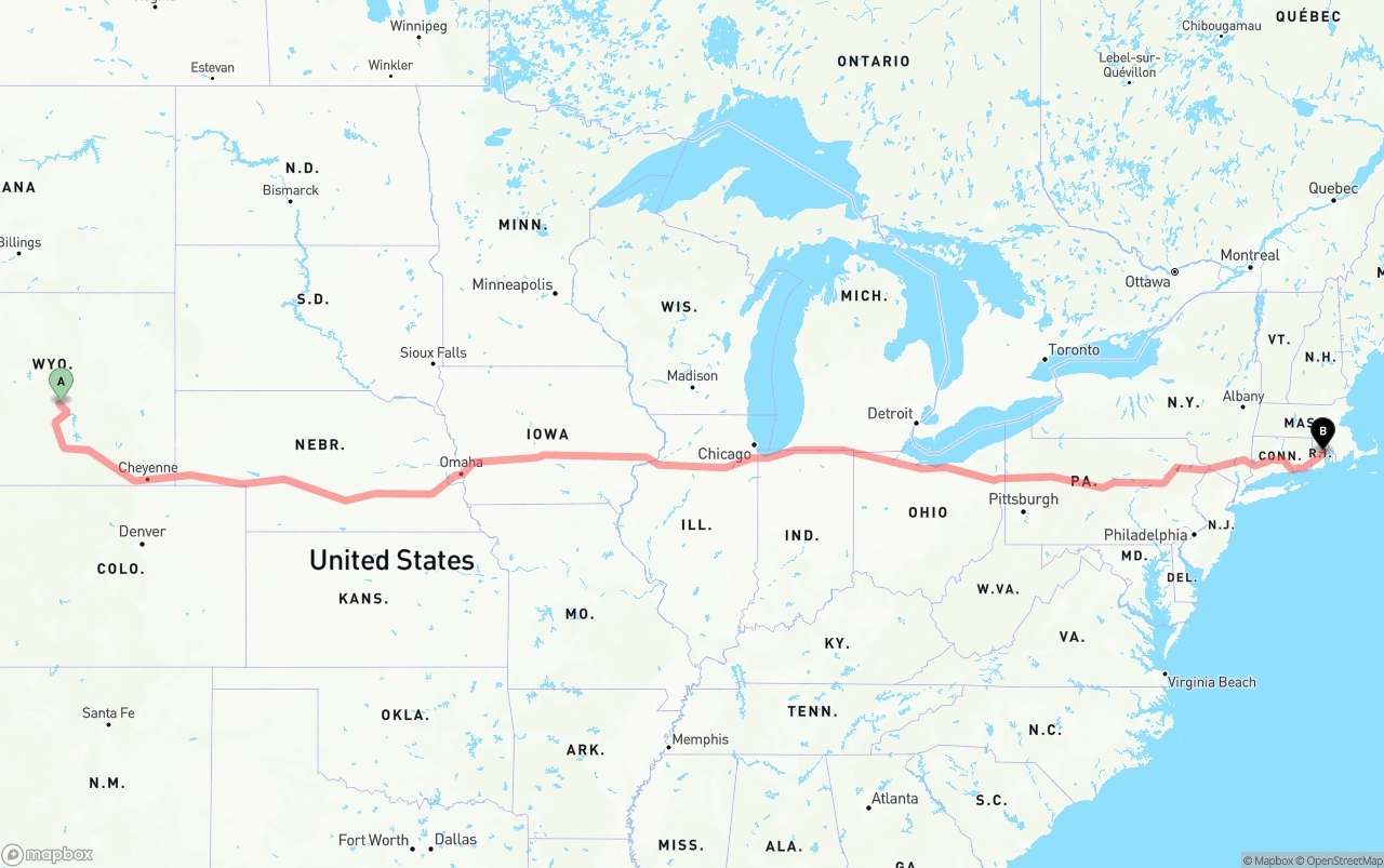 Shipping route from Wyoming to Rhode Island