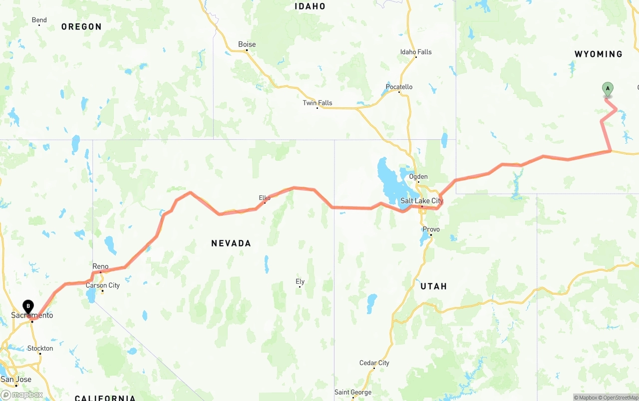 Shipping route from Wyoming to Sacramento International Airport