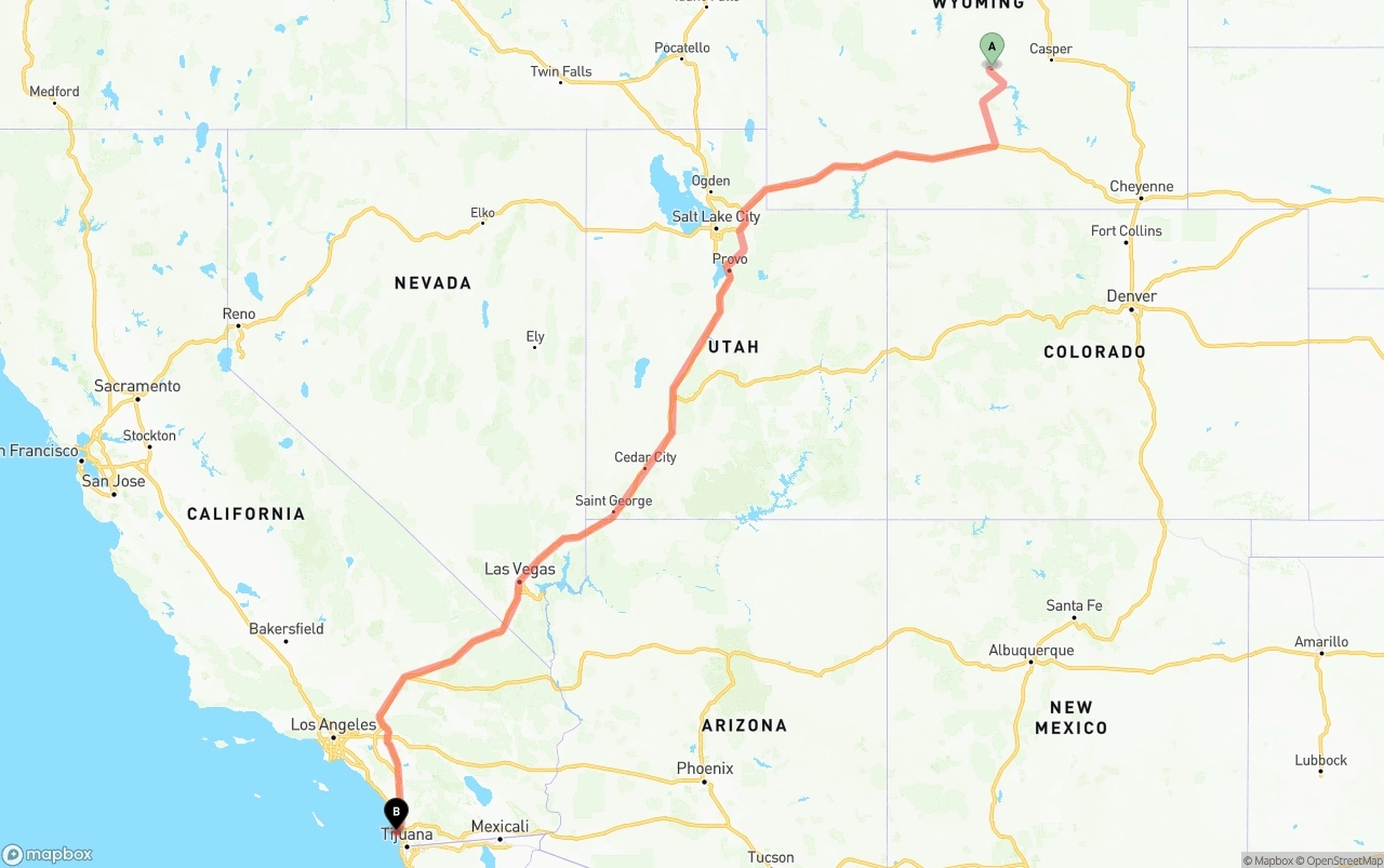 Shipping route from Wyoming to San Diego International Airport