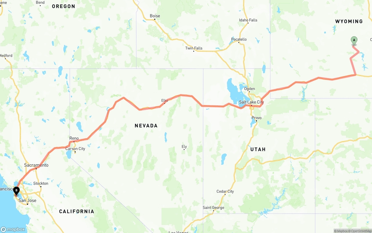 Shipping route from Wyoming to San Francisco International Airport