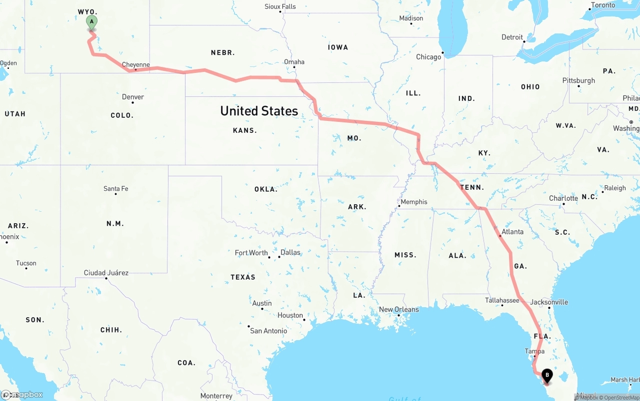 Shipping route from Wyoming to Southwest Florida International Airport