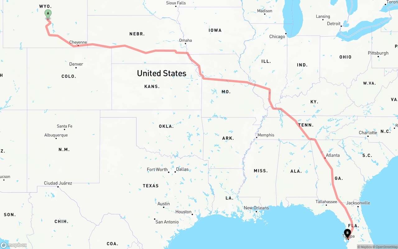 Shipping route from Wyoming to Tampa International Airport