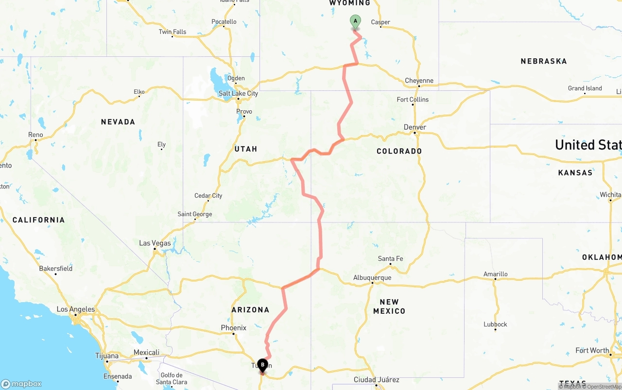 Shipping route from Wyoming to Tucson International Airport