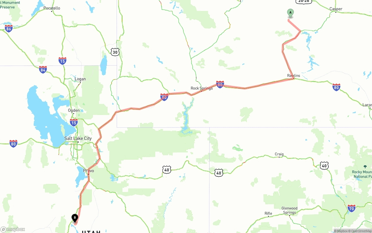 Shipping route from Wyoming to Utah