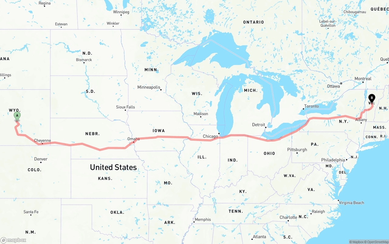 Shipping route from Wyoming to Vermont