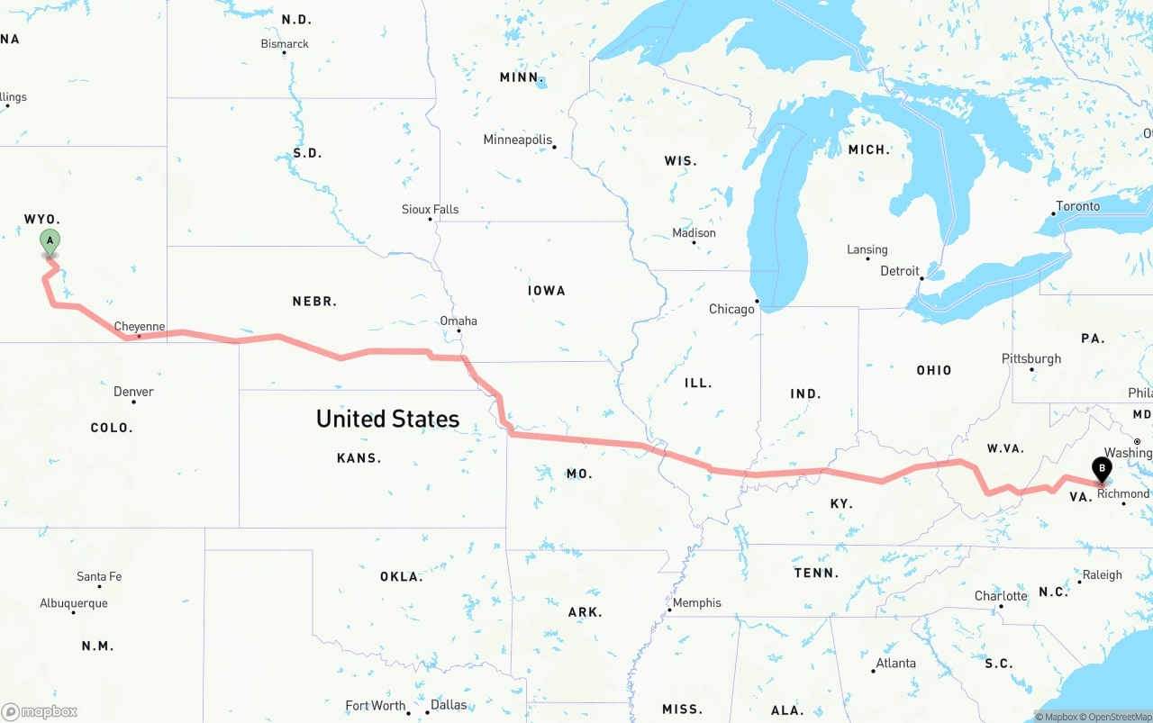 Shipping route from Wyoming to Virginia
