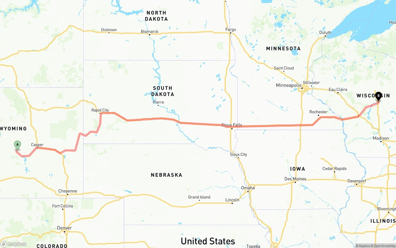 Shipping route from Wyoming to Wisconsin