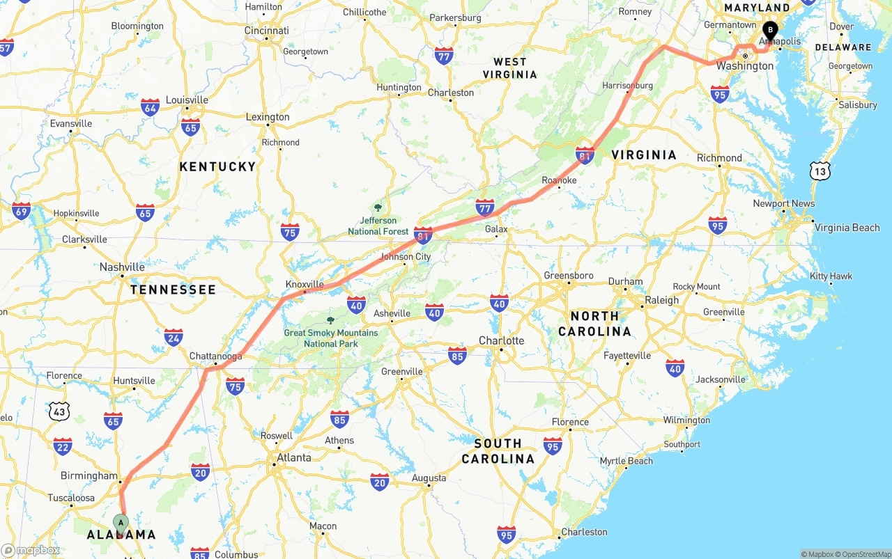 Shipping route from Alabama to Maryland
