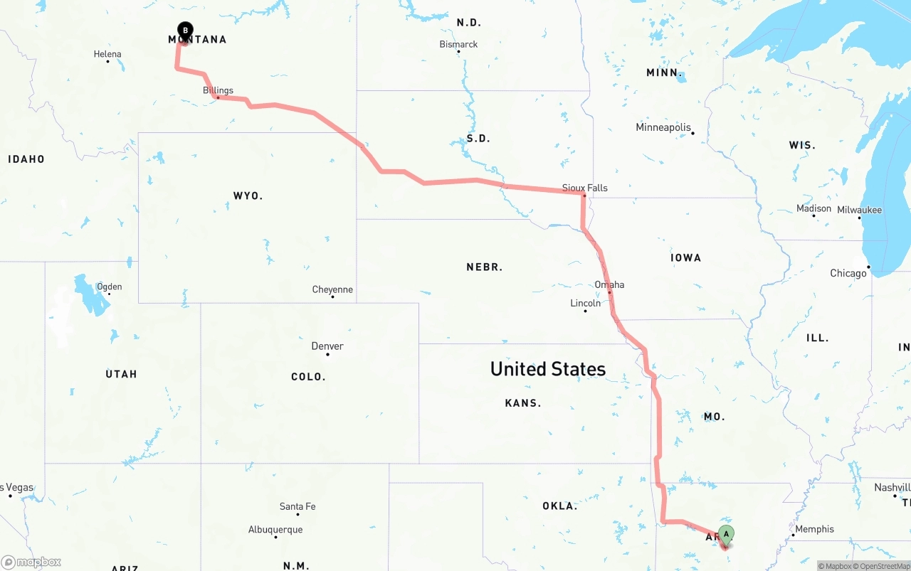Shipping route from Arkansas to Montana
