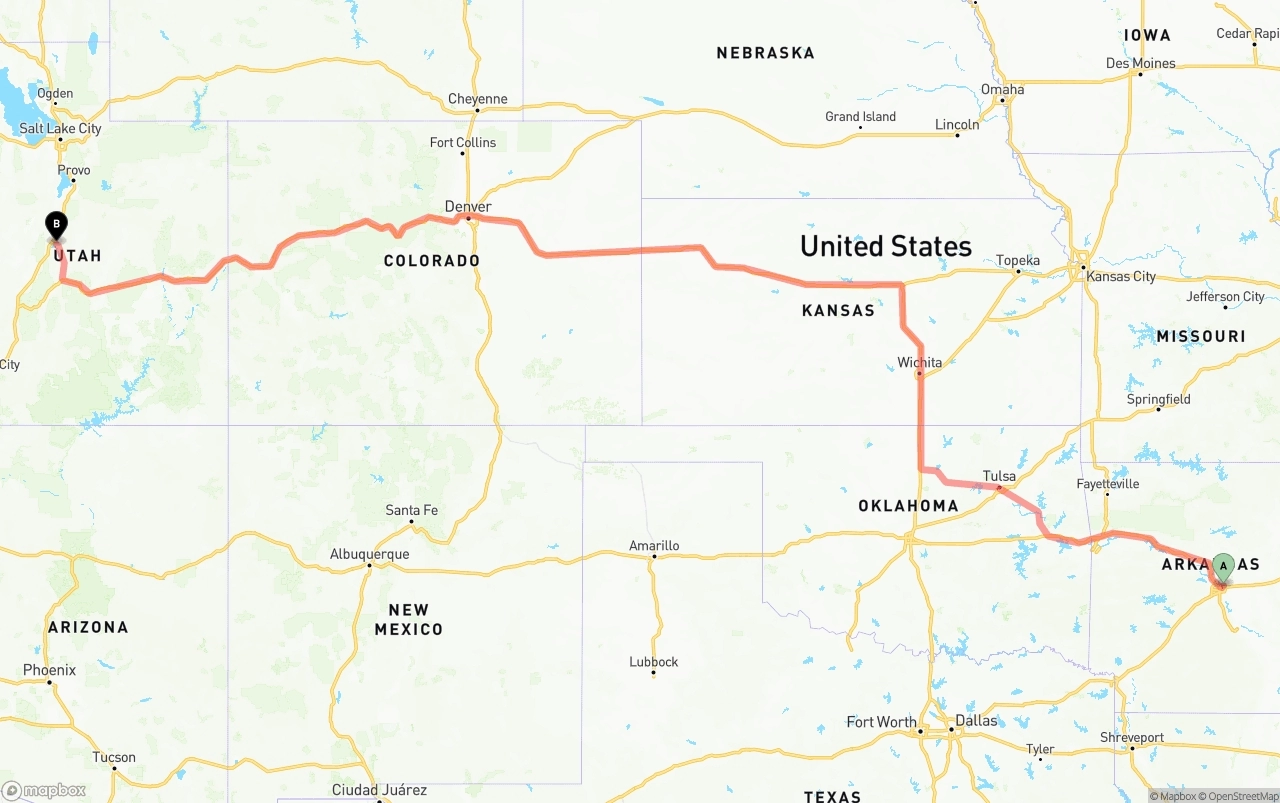 Shipping route from Arkansas to Utah
