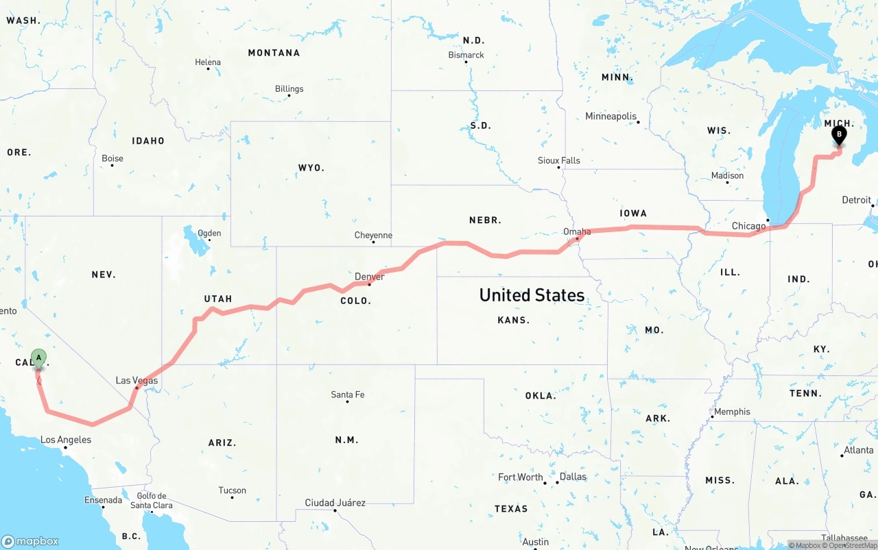 Shipping route from California to Michigan
