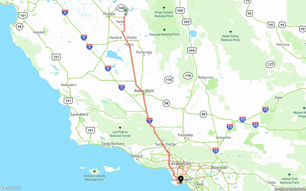 Shipping route from California to Port of Long Beach