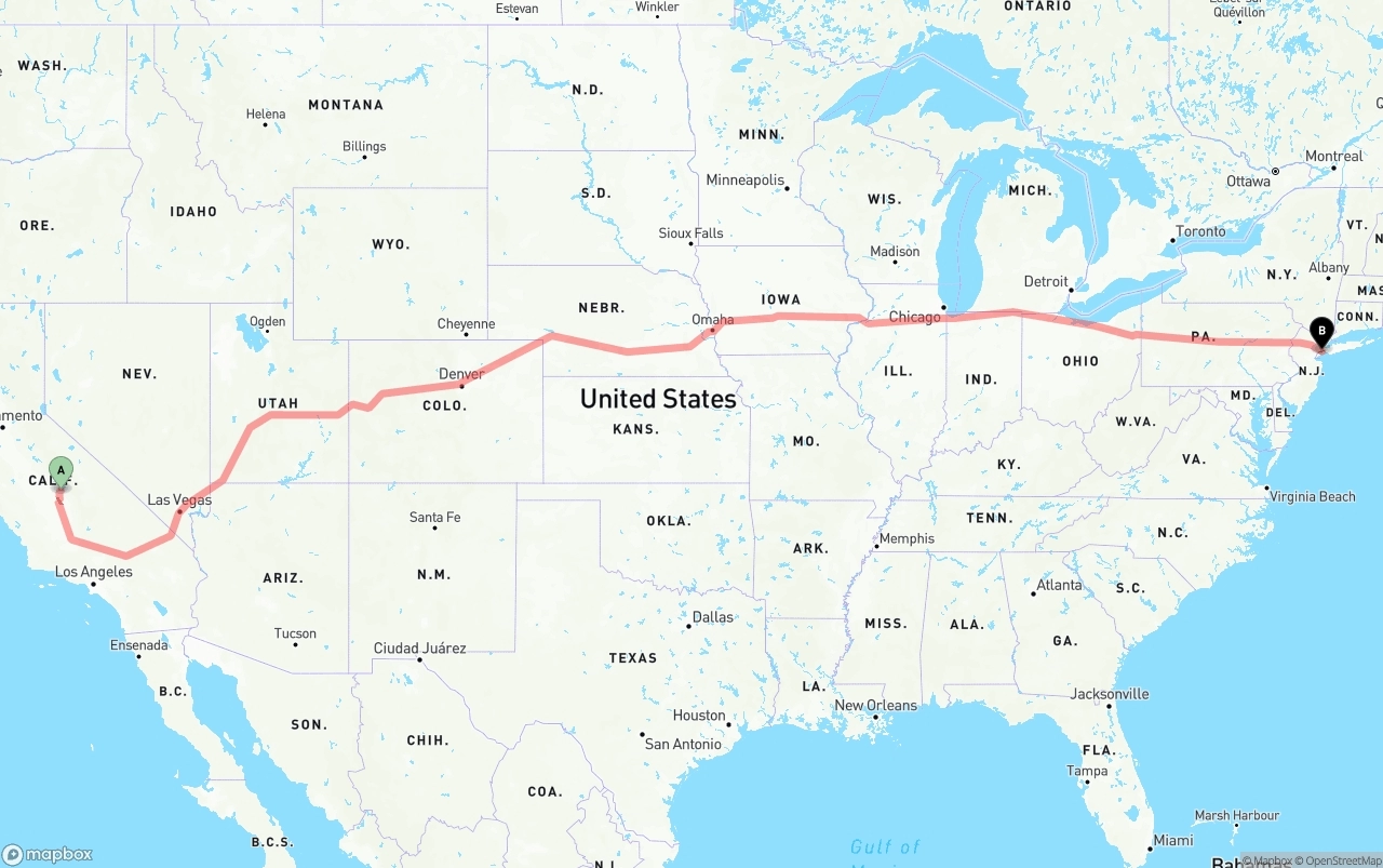 Shipping route from California to Port of New York