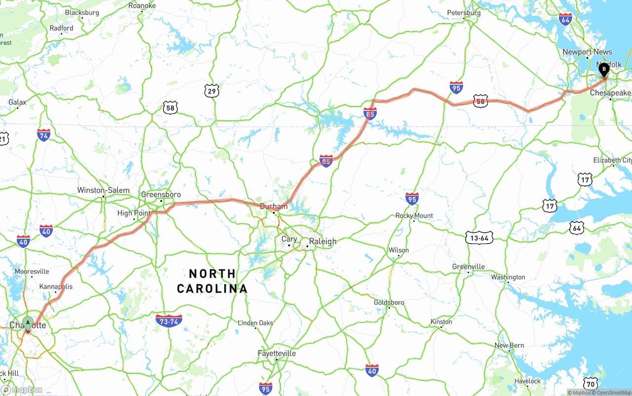 Shipping route from Charlotte to Port of Norfolk