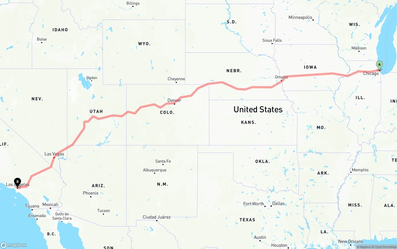 Shipping route from Chicago to Los Angeles