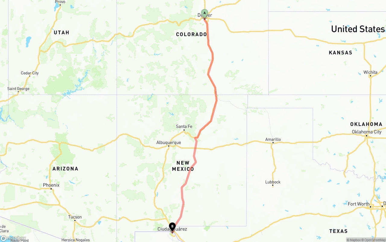 Shipping route from Denver to El Paso