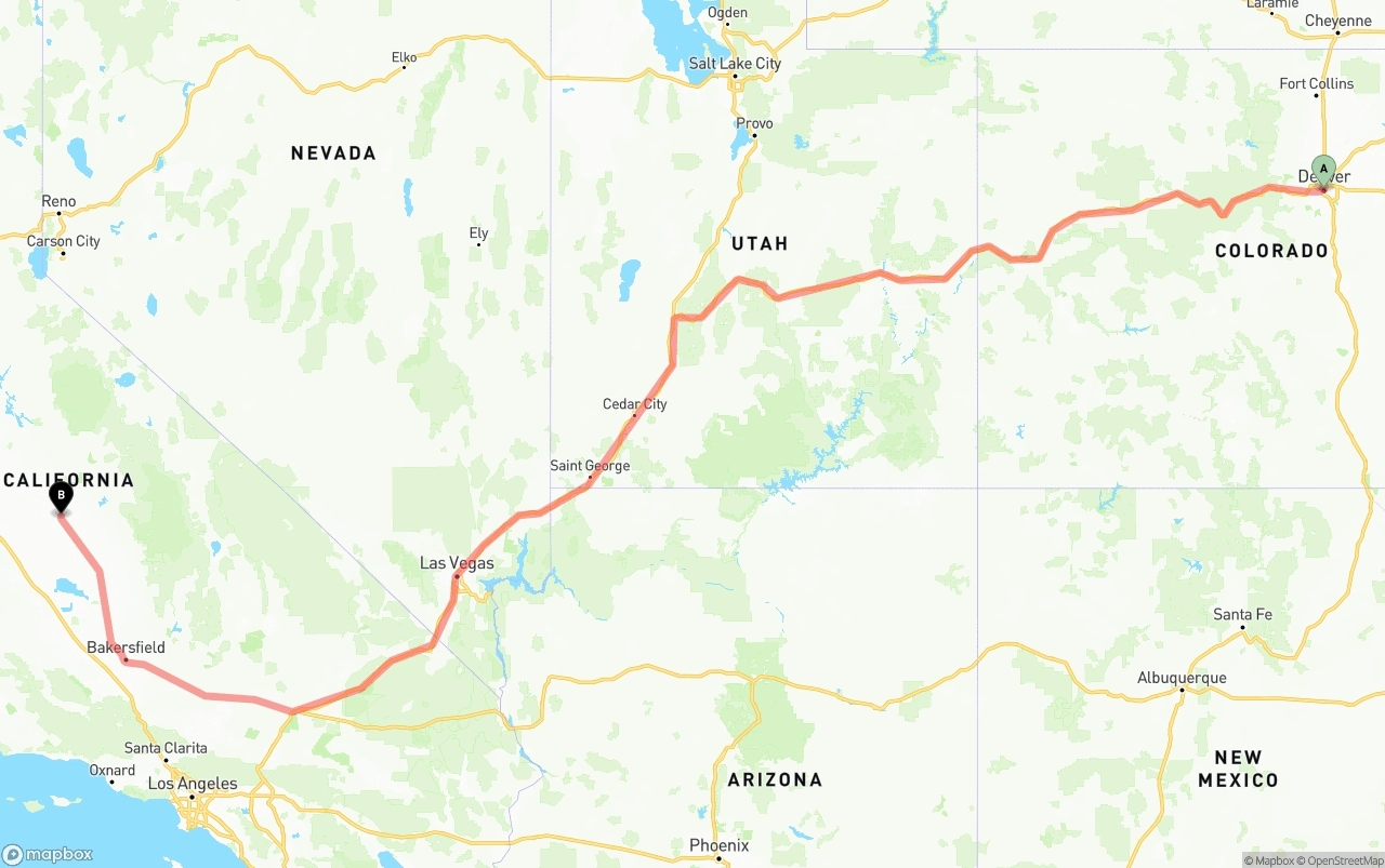 Shipping route from Denver to Fresno