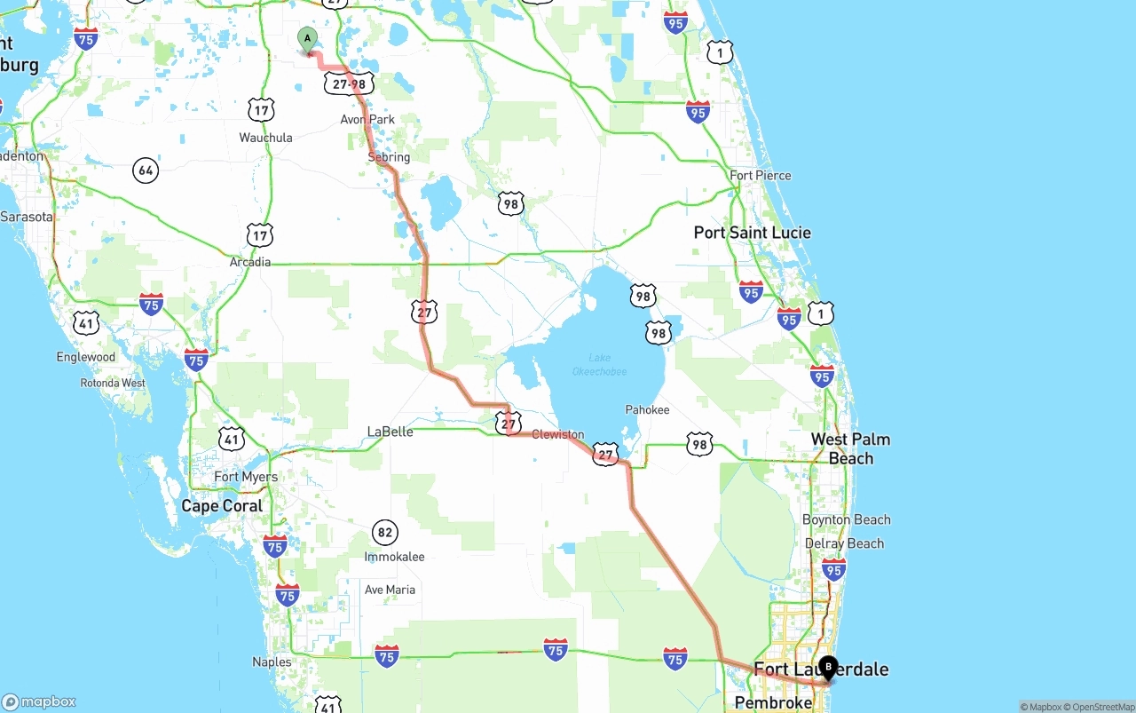 Shipping route from Florida to Port of Port Everglades