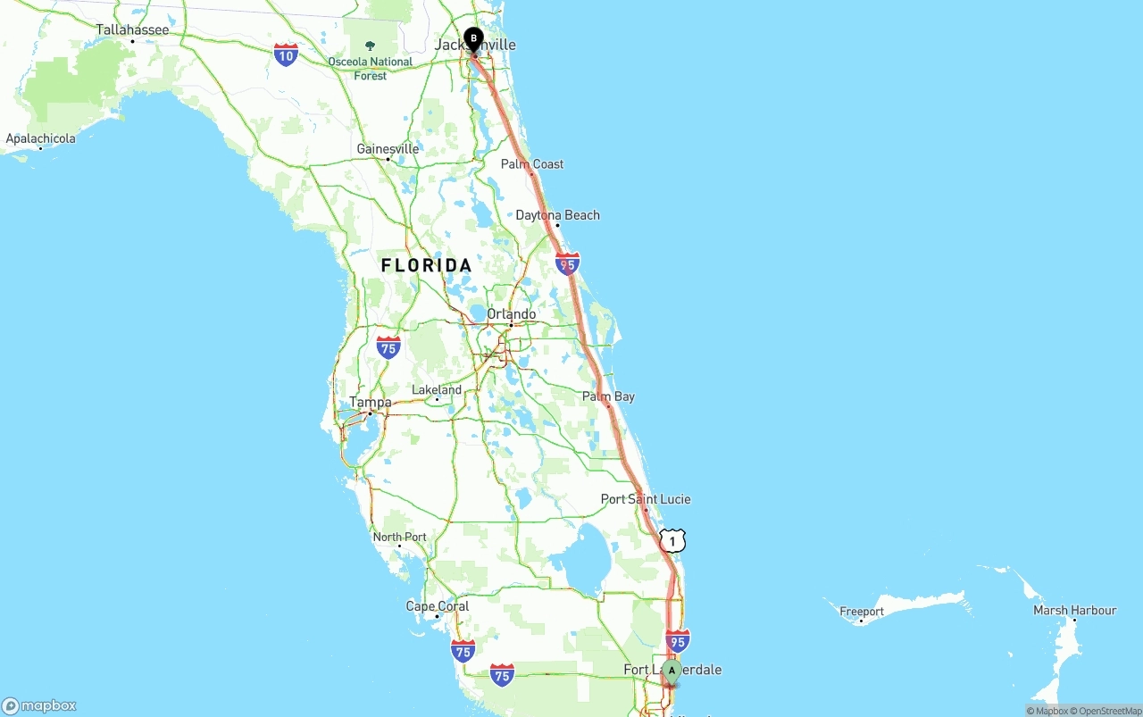 Shipping route from Fort Lauderdale-Hollywood International Airport to Jacksonville