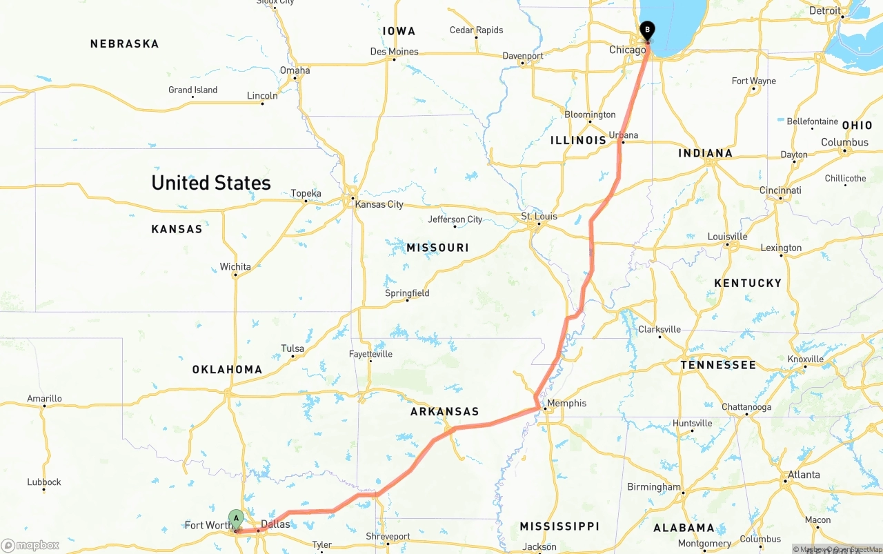 Shipping route from Fort Worth to Chicago