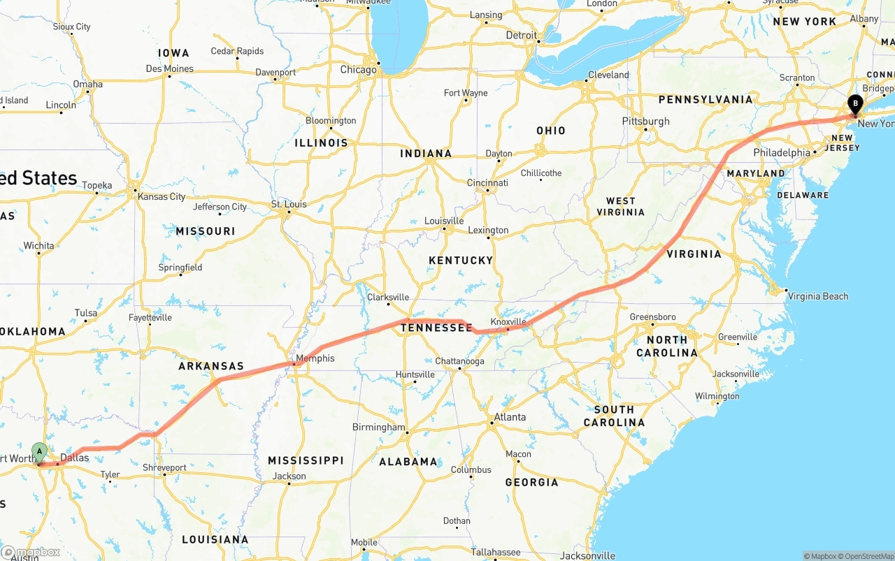 Shipping route from Fort Worth to New York City