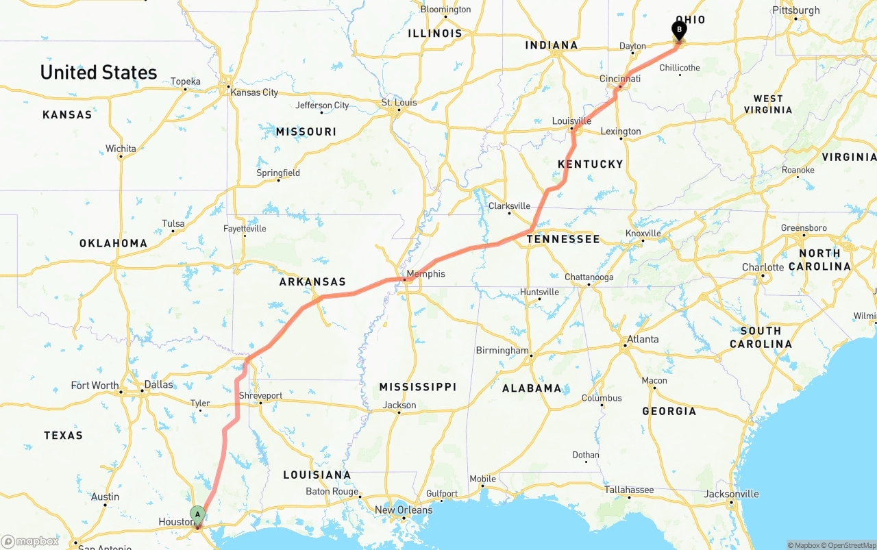 Shipping route from Houston to Columbus