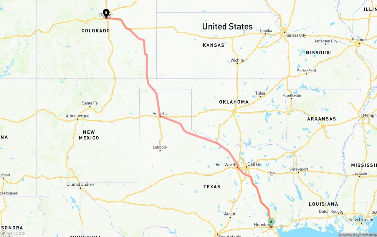 Shipping route from Houston to Denver