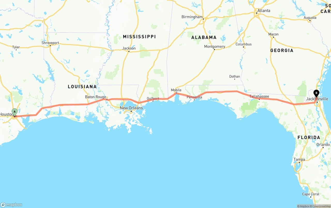 Shipping route from Houston to Jacksonville International Airport